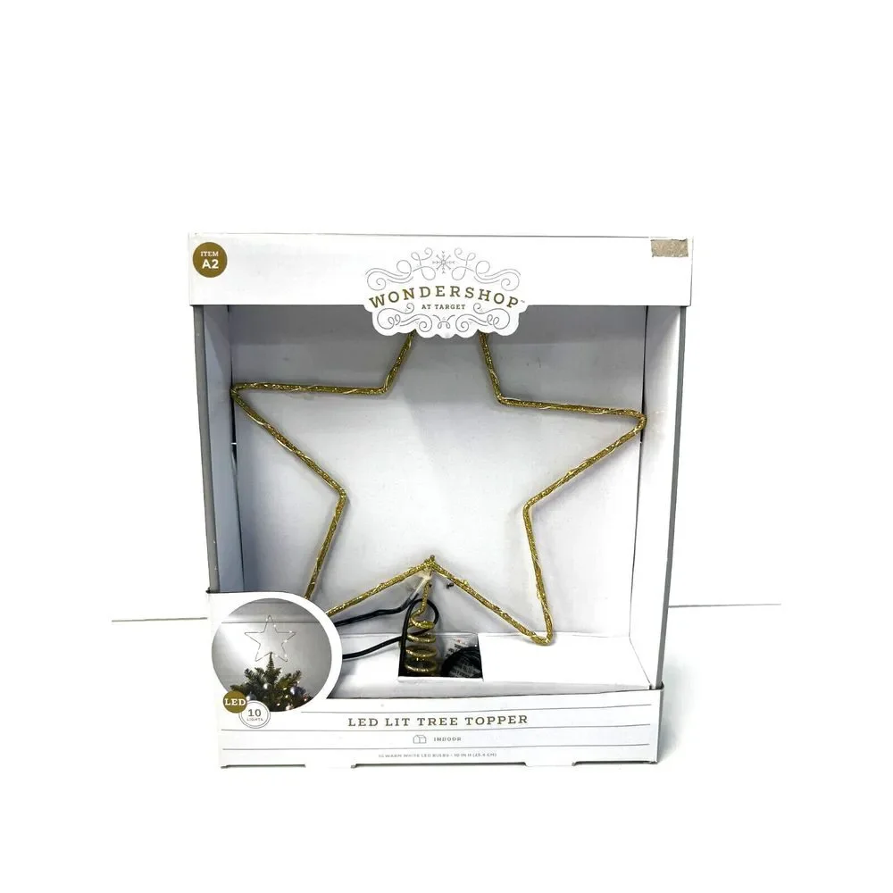 Star Christmas Tree Topper Gold Light Up 10in LED Lit Dewdrop Glitter Metal Open